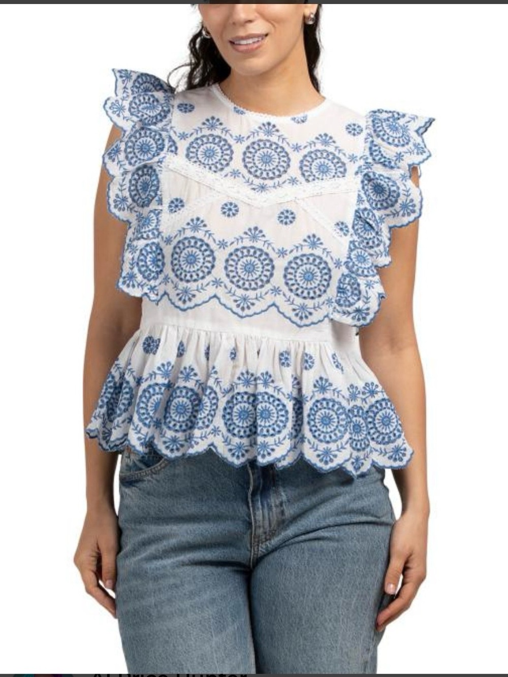 NWOT dRA White Peplum Eyelet Top with Blue Embroidery size S.